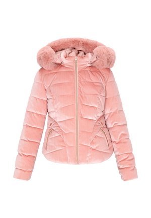 Rózsaszín bélelt dzseki műszőrme szegélyes kapucnival, cipzáras záródással és oldalzsebekkel. A texturált anyagon finom csíkos minta látható.