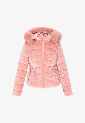 Lyserød foret jakke med hætte foret med kunstpels, lynlåslukning og sidelommer. Det strukturerede stof har et diskret stribet mønster.