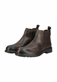 Botas de cuero marrón hasta el tobillo con paneles elásticos en los laterales, punta redondeada, lengüetas de tirador y suela de goma texturizada. Acentos de costura en la parte superior.