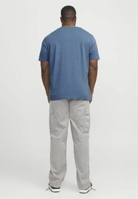 Blå bomulds t-shirt med korte ærmer, parret med lysegrå cargo-bukser med sidelommer og en afslappet pasform. Sorte og hvide sneakers.