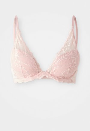 Rosa blond BH med trekantet kopdesign, med intrikate bølgeformede mønstre og bølgede kanter. Justerbare tynne stropper og myk fôr.