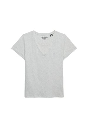 Grå V-hals t-shirt i blødt, let stof med korte ærmer og et lille logo på venstre bryst. Klassisk, afslappet pasform.