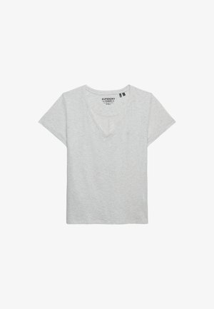 Szara koszulka z dekoltem w serek, wykonana z miękkiego, lekkiego materiału, z krótkimi rękawami i małym logo na lewej piersi. Klasyczny, luźny krój.