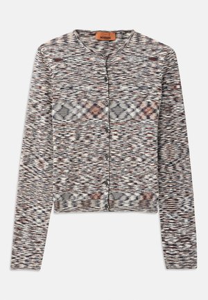 Kurzer Cardigan mit Rundhalsausschnitt, aus einem strukturierten Strickstoff gefertigt. Verfügt über ein mehrfarbiges abstraktes Muster, Knöpfe auf der Vorderseite und lange Ärmel.