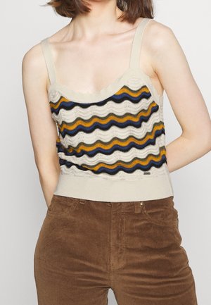 Strikket tanktop i beige med bølgede flerfarvede striber (gul, blå, sort) og tekstureret mønster; har skulderstropper og tætsiddende kant.