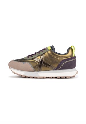 Men's sneakers with metallic gold and taupe suede, green accents, purple laces, and a textured rubber sole. Designed with a low profile.