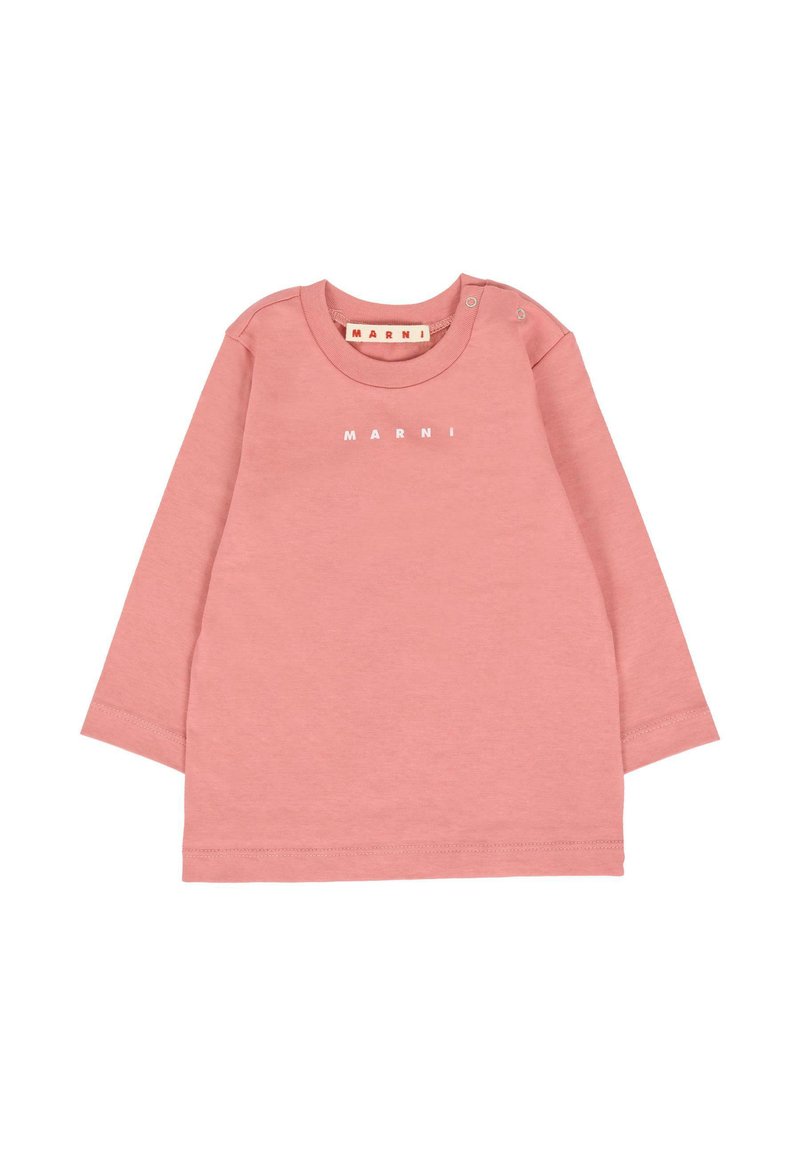 Camicia a maniche lunghe rosa chiaro realizzata in morbido cotone, con collo a giro, bottoni a pressione sulla spalla e logo "MARNI" in bianco.