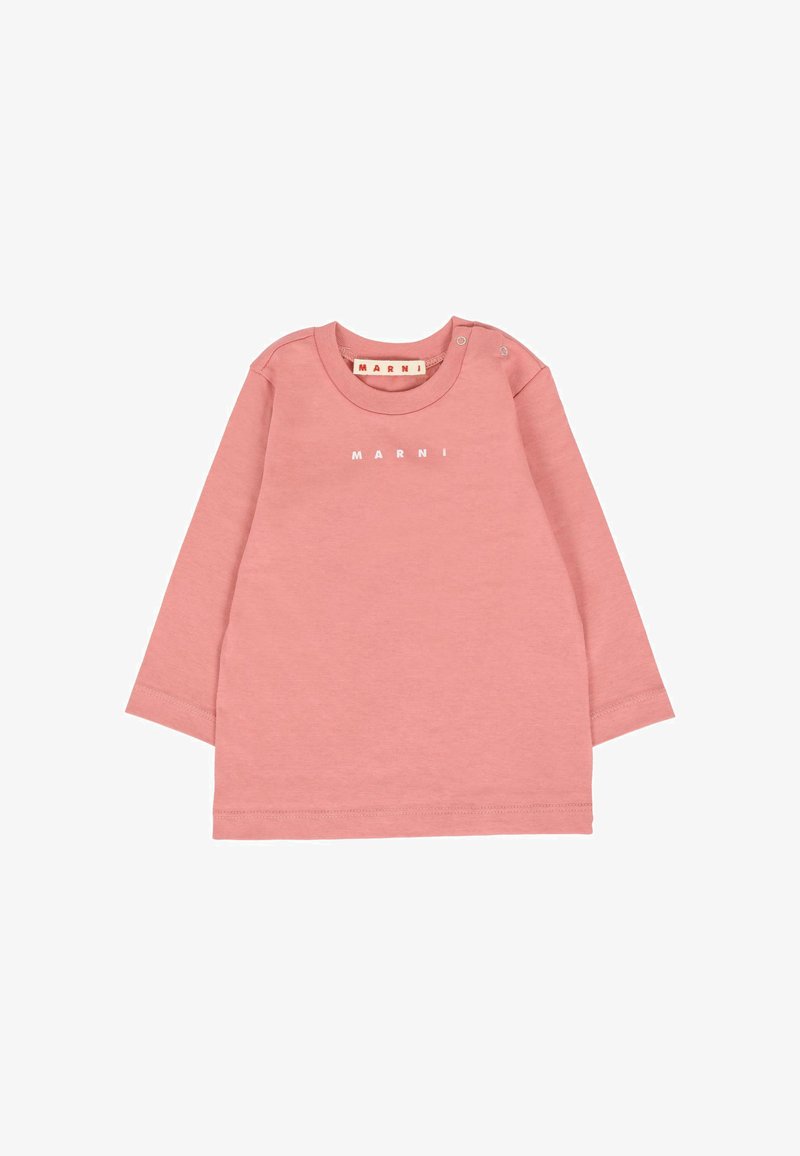 Camicia a maniche lunghe rosa chiaro realizzata in morbido cotone, con collo a giro, bottoni a pressione sulla spalla e logo "MARNI" in bianco.