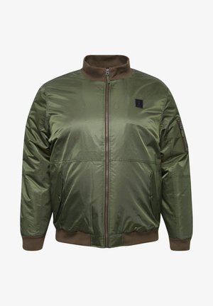 Olivgrüne Bomberjacke mit Reißverschluss, Strickkragen und -bündchen. Verfügt über eine Seitentasche und ein strukturiertes Logo-Patch auf der Brust.