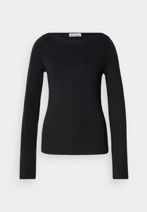 Schwarzes Langarmshirt mit rundem Ausschnitt. Hergestellt aus weichem, elastischem Material, das eine figurbetonte Silhouette und eine glatte Textur bietet.
