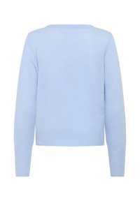 Svetlomodrý pletený sveter s dlhými rukávmi, okrúhlym výstrihom a mäkkou textúrou. Rífsovaný lem a manžety dodávajú detail. Zobrazený zadný pohľad.