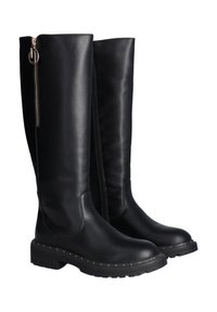 Stivali neri al ginocchio realizzati in pelle liscia, con zip laterale e borchie dorate decorative lungo la suola per un tocco di stile.