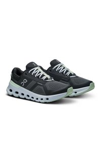 Czarno-szare buty sportowe z siateczkową cholewką, jasnobrązowymi akcentami, białą podeszwą i wyraźnymi poduszkami amortyzującymi u podstawy.