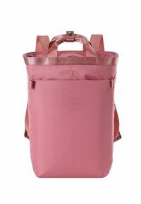 Pink fabric backpack with a square design, two top handles, shoulder straps, and a circular logo that reads "GOOD TIMES." Smooth texture.