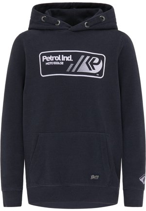 Marineblå hættetrøje med en forlommelomme foran, med hvidt logo og grafisk print. Lavet af blødt materiale med snørre i hætten.