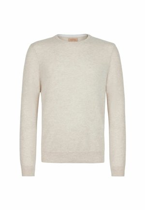 Beżowy sweter z okrągłym dekoltem, wykonany z miękkiej dzianiny. Posiada długie rękawy oraz ściągacze przy rękawach i u dołu. Minimalistyczny design o gładkiej strukturze.