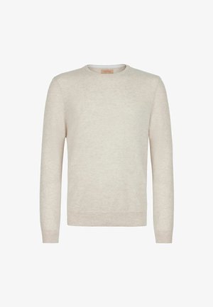 Beżowy sweter z okrągłym dekoltem, wykonany z miękkiej dzianiny. Posiada długie rękawy oraz ściągacze przy rękawach i u dołu. Minimalistyczny design o gładkiej strukturze.