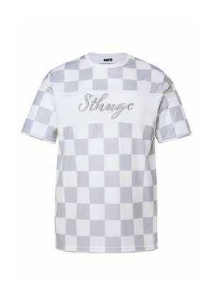 Kurzärmliges weißes und hellgrau kariertes Hemd aus strukturiertem Stoff mit "Sthuge" in kursiver Schrift auf der Brust gestickt.