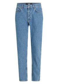 Jeans de mezclilla azul claro con corte recto, cinco bolsillos y cremallera. Presentan un ligero desvanecimiento y costuras en contraste.