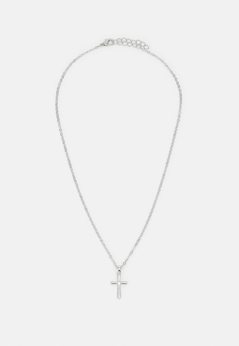 Silberne Kettenhalskette mit einem kleinen Kreuzanhänger. Die Kette hat ein zartes Glieddesign, einen Karabinerverschluss und eine verstellbare Länge.