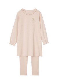 Helles rosa Pyjama-Set mit langärmligem Oberteil im Punktemuster, Rüschensäumen und passenden Leggings. Enthält gestickte Details.