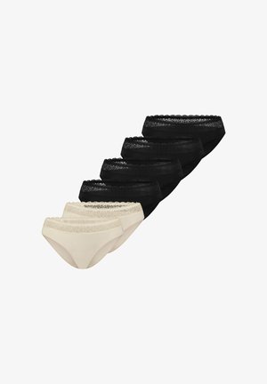 Sei mutandine bikini da donna con bordi in pizzo, quattro nere e due beige, disposte a pila sfalsata su uno sfondo bianco.