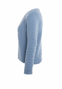 Lichtblauwe gebreide trui met een gemêleerd patroon, ronde halslijn en lange mouwen met ribbelmanchetten.