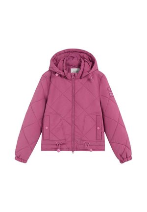 Chaqueta acolchada rosa con capucha, cremallera frontal, dos bolsillos con botones a presión, cordones ajustables en el dobladillo y la capucha, y puños elásticos.