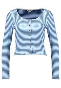 Ljusblå kort topp med långa ärmar, prydd med horisontella vita ränder, en rundad halsringning och sex knappar fram. Tillverkad av ribbat tyg.