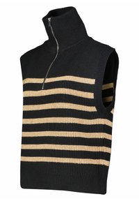 Svart stickad ärmlös tröja med hög krage och dragkedja, med horisontella beige ränder över kroppen och textilstruktur.