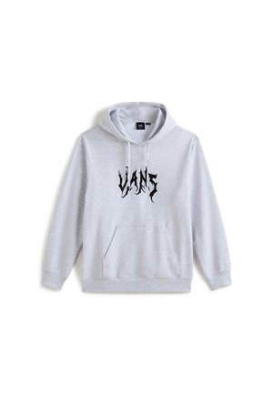 Grijze hoodie met een zak aan de voorkant, met zwarte letters "VANS" in een gestileerd lettertype. Gemaakt van zachte stof met een capuchon met trekkoord.