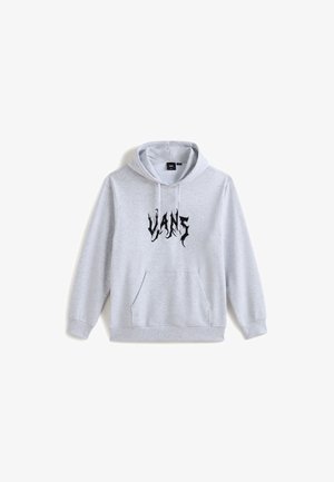 Šedá mikina s kapucí a přední kapsou, s černým nápisem "VANS" ve stylizovaném písmu. Vyrobena z měkké látky s kapucí na šňůrku.
