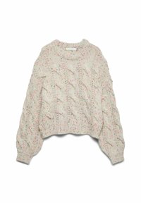 Maglione corto a maglia cable in crema chiaro con macrochiani multicolori; presenta polsini e orlo a coste, scollo ampio e motivo testurizzato.