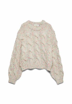 Kiidatud kaelusega kerge kreemivärvi lõngapaaride viimistlusega kaelus-sweater, millel on mitmevärvilised täpid; omadused ribakujulised varrukate ja hem, lai kaelus ning tekstureeritud muster.