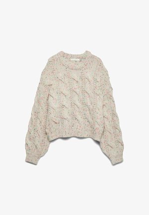Kürzerer, kabelgestrickter Pullover in hellem Creme mit mehrfarbigen Sprenkeln; verfügt über gerippte Bündchen und Saum, weit geschnittenen Hals und strukturiertes Muster.