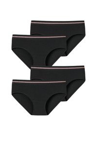 Ensemble de quatre sous-vêtements en coton noir, avec une texture côtelée et une taille rayée rose contrastante. Design classique de slip, bords sans coutures.
