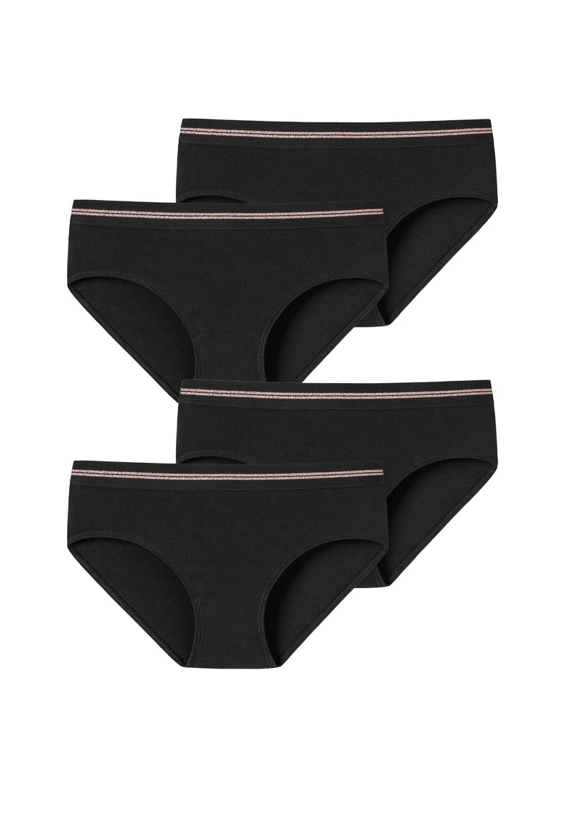 Ensemble de quatre sous-vêtements en coton noir, avec une texture côtelée et une taille rayée rose contrastante. Design classique de slip, bords sans coutures.