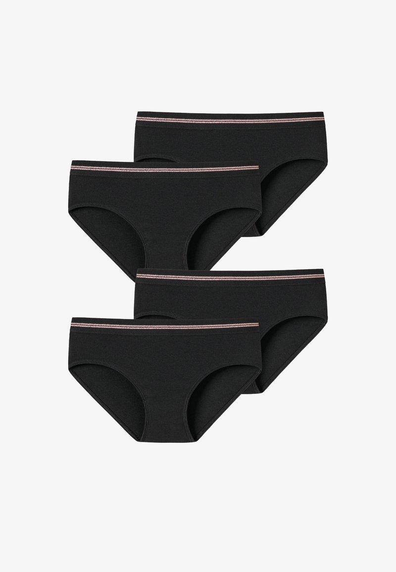 Zwarte katoenen ondergoedset van vier stuks, met een geribbelde textuur en een contrasterende roze gestreepte tailleband. Klassiek slipontwerp, naadloze randen.