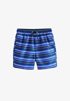 Short de bain pour homme avec ceinture élastique et cordon noir, présentant un motif à carreaux rayé en bleu, rose et marron.