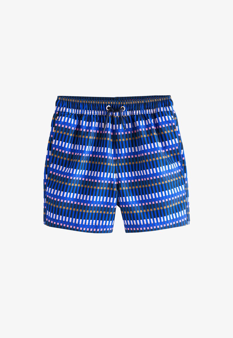 Short de bain pour homme avec ceinture élastique et cordon noir, présentant un motif à carreaux rayé en bleu, rose et marron.