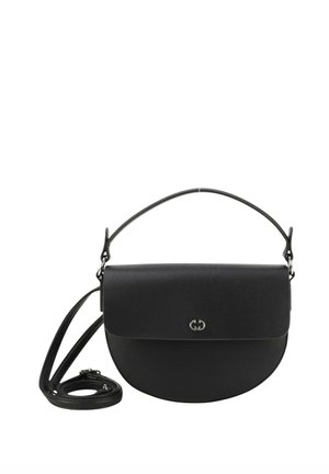 Borsa a tracolla in pelle nera a forma di mezzaluna, con chiusura a pattina e dettaglio del logo in argento. Include una tracolla removibile per una maggiore versatilità.
