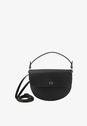 Borsa a tracolla in pelle nera a forma di mezzaluna, con chiusura a pattina e dettaglio del logo in argento. Include una tracolla removibile per una maggiore versatilità.