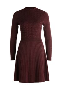 Robe longue bordeaux à manches longues avec un haut en tricot torsadé, taille cintrée et jupe plissée ; fabriquée dans un tissu doux avec un col et des poignets côtelés.