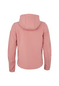 Giacca soft-shell rosa con cappuccio, caratterizzata da un design aderente, texture liscia e dettagli delle cuciture contemporanei. Logo visibile sul retro.