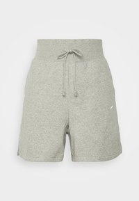 Gray cotton shorts featuring an elastic waistband with drawstring, side pockets, and a small logo accent on the leg.