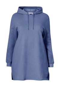 Sudadera con capucha de suave tela azul, con mangas largas, aberturas en los laterales y un cordón en el cuello. Acabado suave y texturizado.