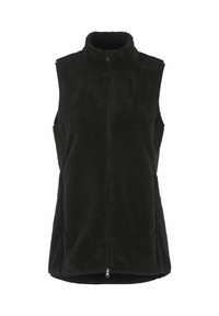 Schwarze Fleece-Weste mit hohem Kragen, ärmellosem Design, Frontreißverschluss und strukturierten Oberfläche für Wärme.