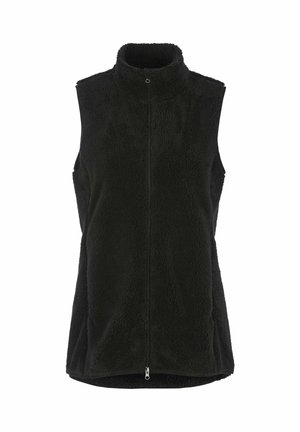 Musta fleece-vesti korkealla kauluksella, hihaton malli, edessä vetoketjukiinnitys ja teksturoitu pinta lämpöä varten.