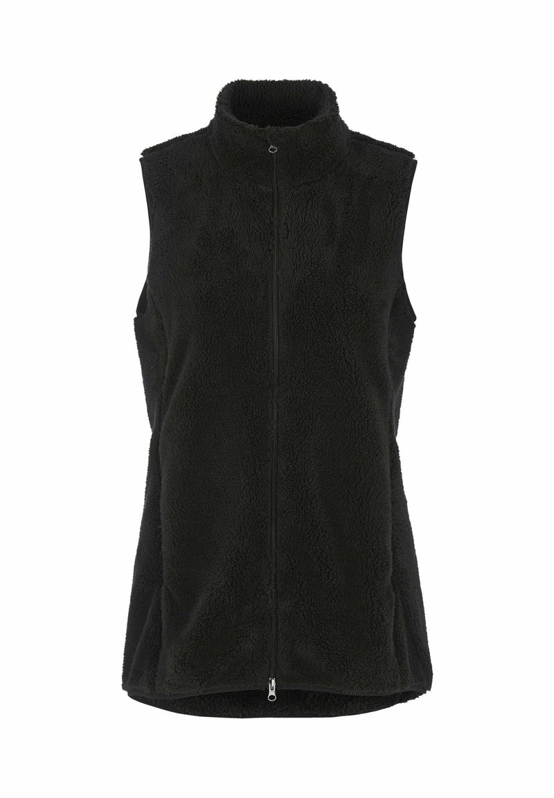 Schwarze Fleece-Weste mit hohem Kragen, ärmellosem Design, Frontreißverschluss und strukturierten Oberfläche für Wärme.