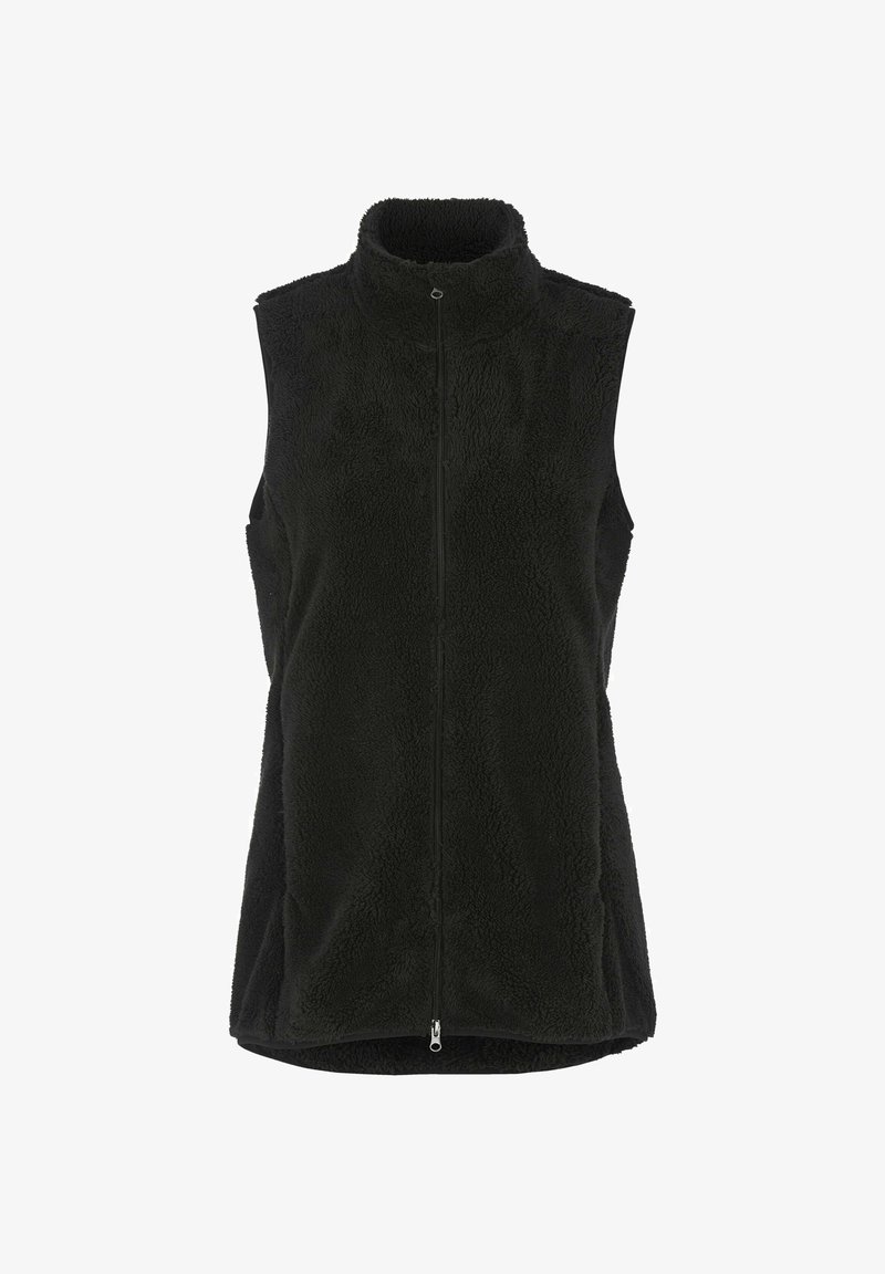 Schwarze Fleece-Weste mit hohem Kragen, ärmellosem Design, Frontreißverschluss und strukturierten Oberfläche für Wärme.